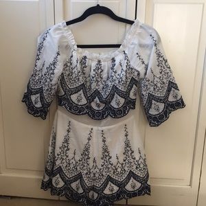 Blue and White Off the Shoulder Romper